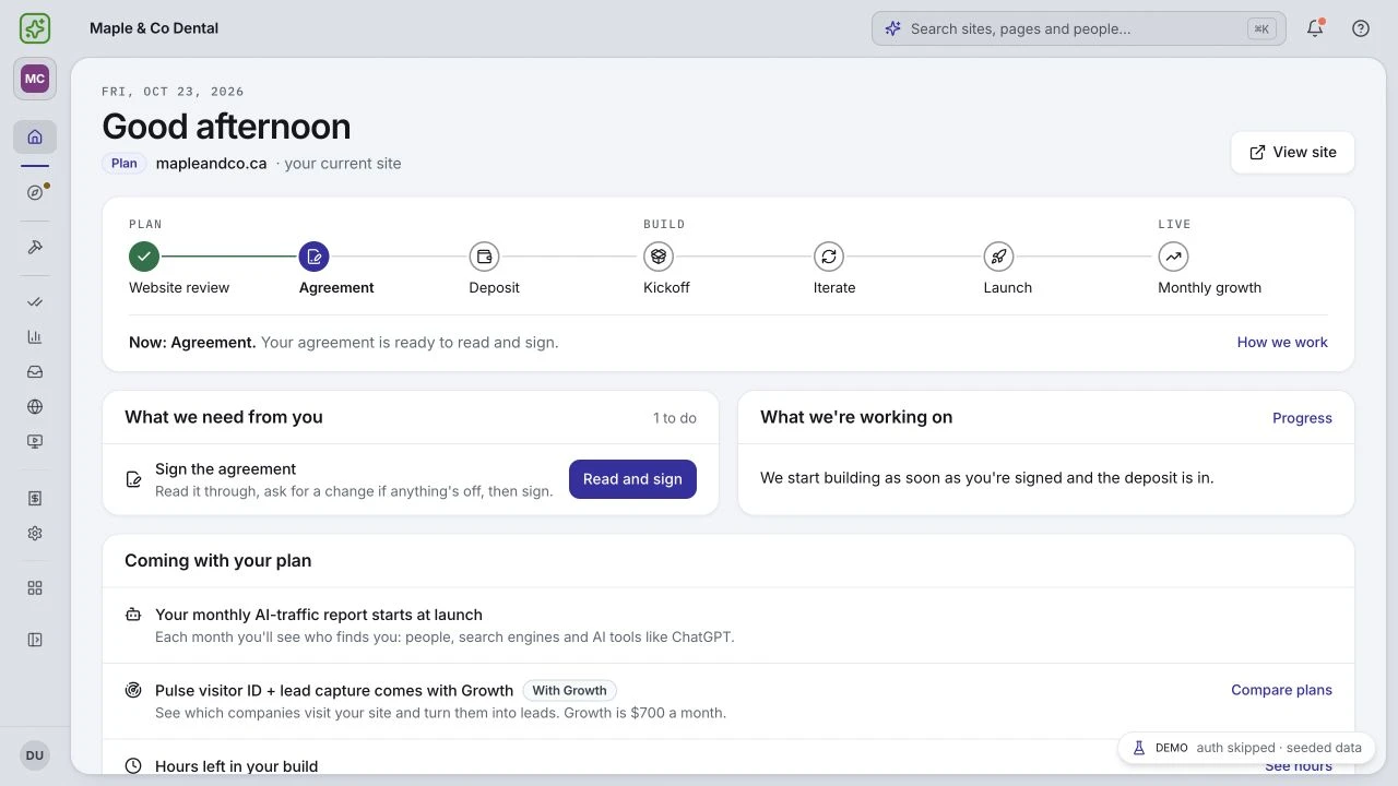 The redesigned Cite-Met client home: project timeline, agreement and next actions