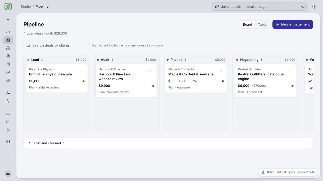 Cite-Met studio CRM showing a fictional client pipeline