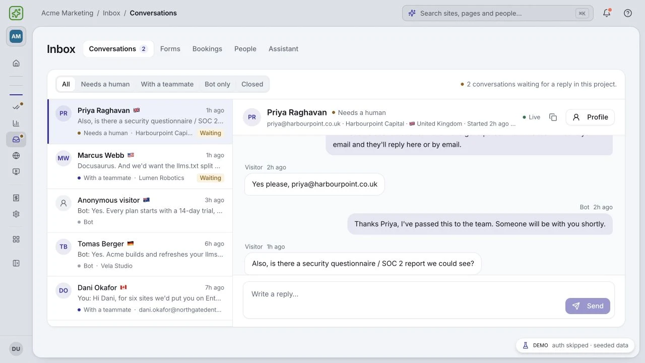 Cite-Met inbox with conversations that need a human reply