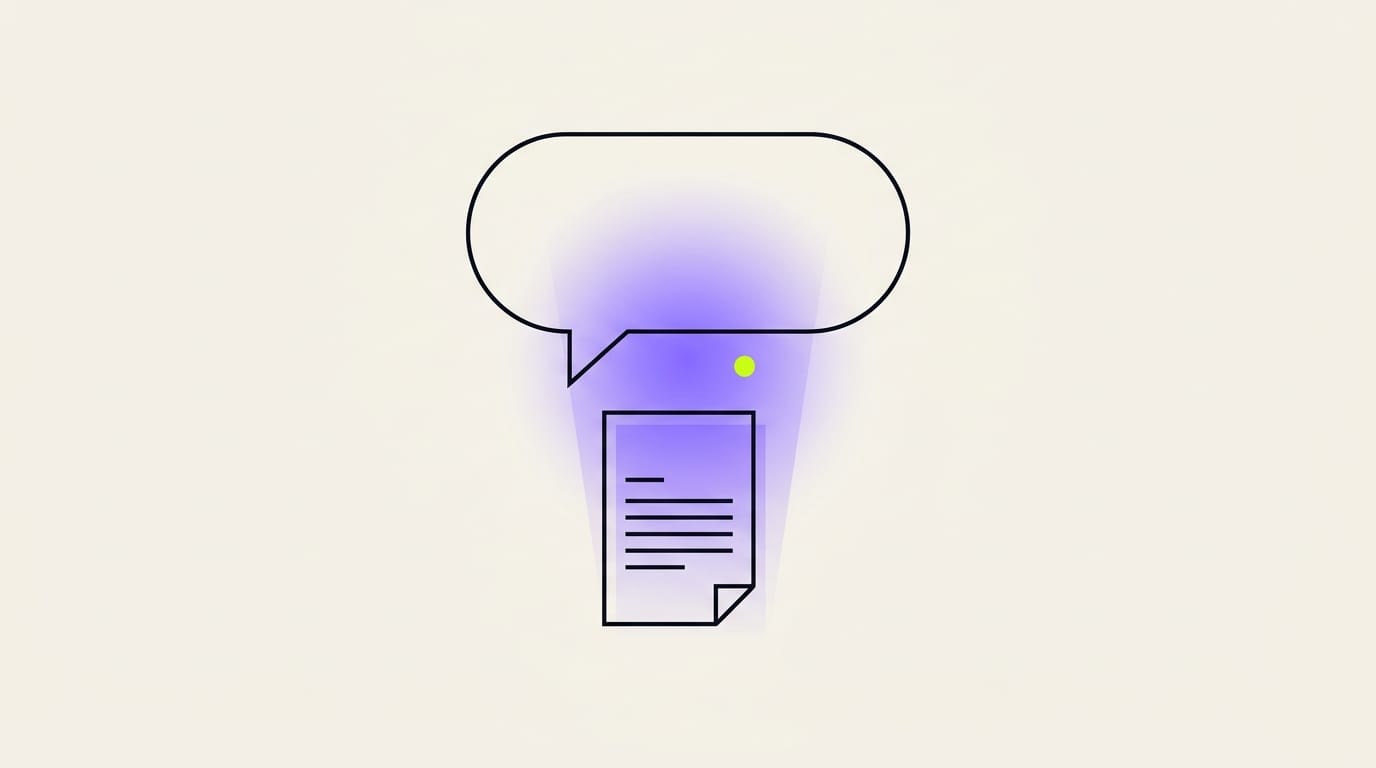 Illustration of a document being lifted and highlighted into an AI answer bubble