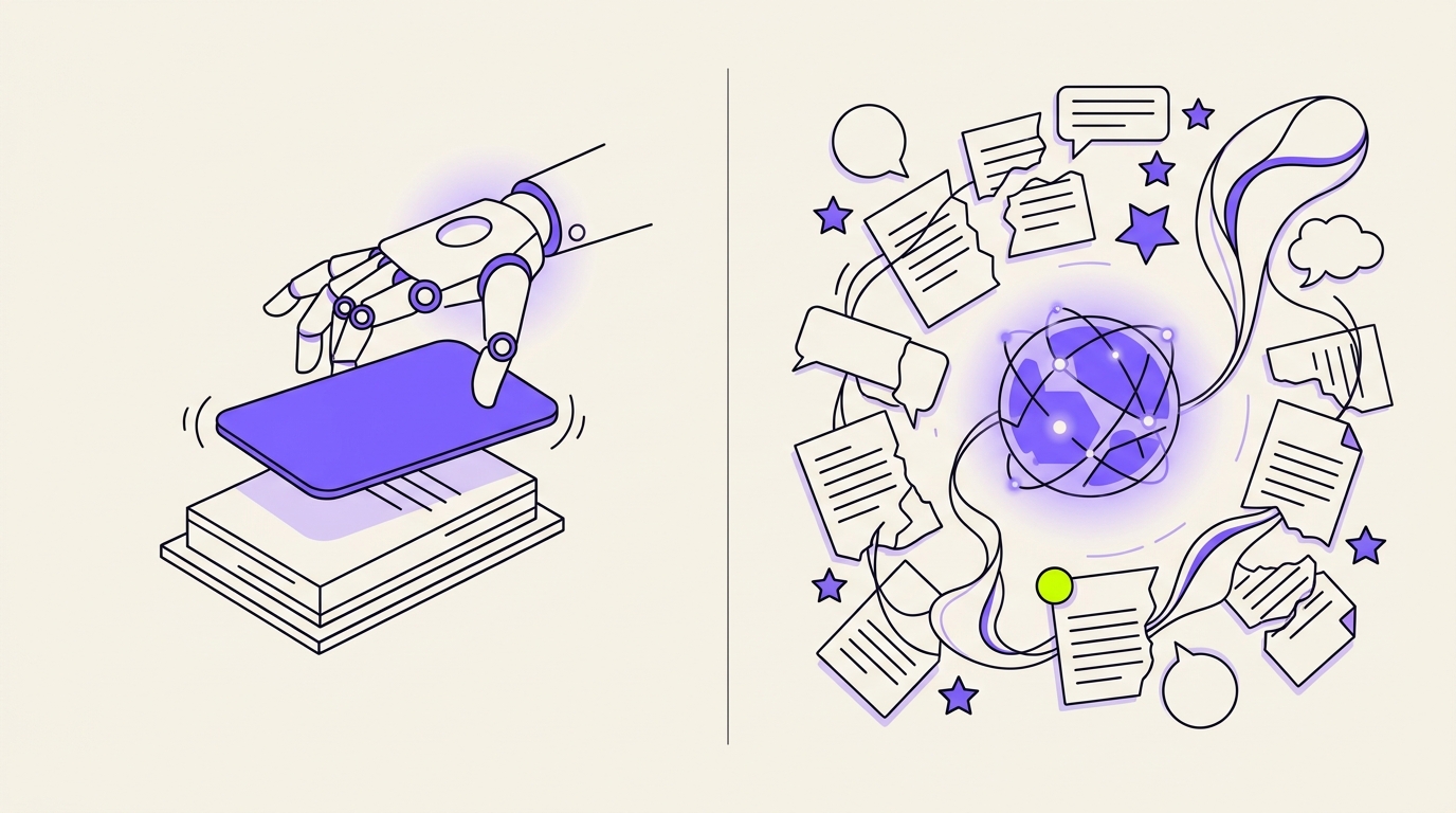 Two-panel conceptual illustration: on the left, an AI lifting a clean labeled answer card directly from a single page (AEO as formatting); on the right, an AI assembling a narrative from many scattered sources and naming one as a citation (GEO as earning)