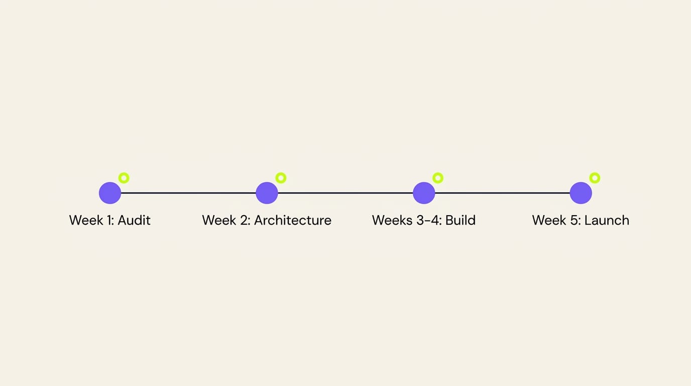 Five-week delivery pipeline timeline: audit, architecture, build, launch
