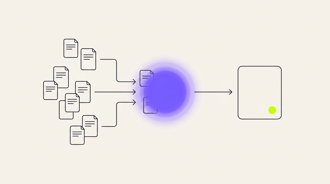 Conceptual illustration of a generative engine retrieving several scattered source documents, blending them in a central node, and producing a single answer that names one source as a citation