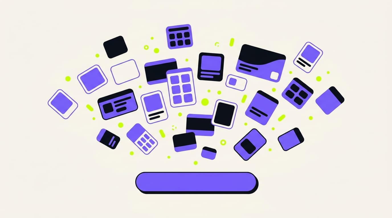 Illustration of a single search bar fanning out into many result surfaces