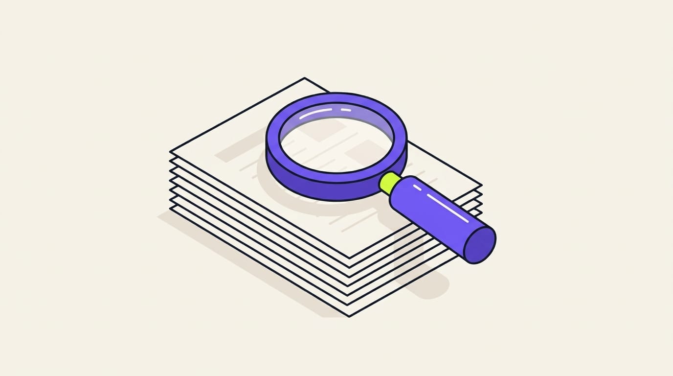 Illustration of a violet magnifying glass over a stack of documentation