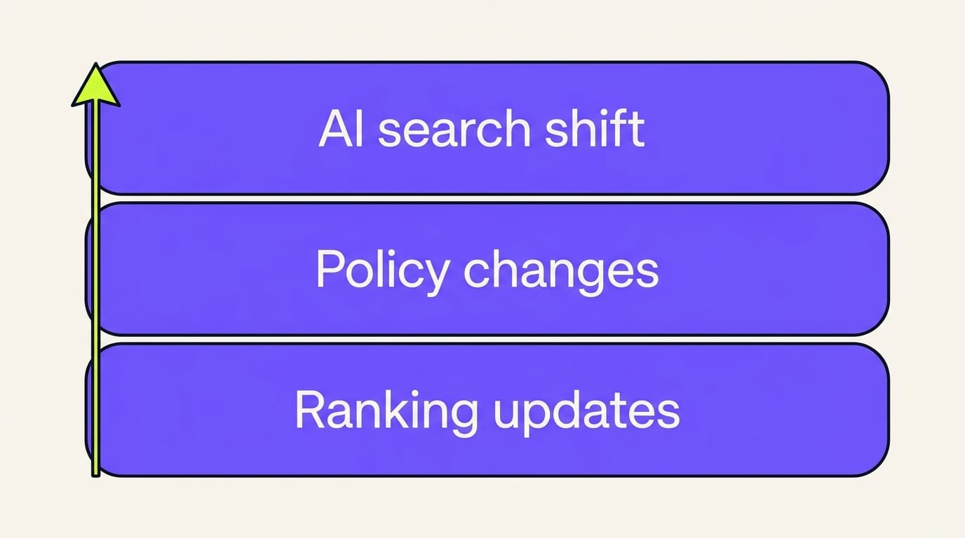 Three stacked layers of Google's 2026 changes: ranking updates at the bottom, policy changes in the middle, and the AI search shift on top, with an arrow showing rising impact