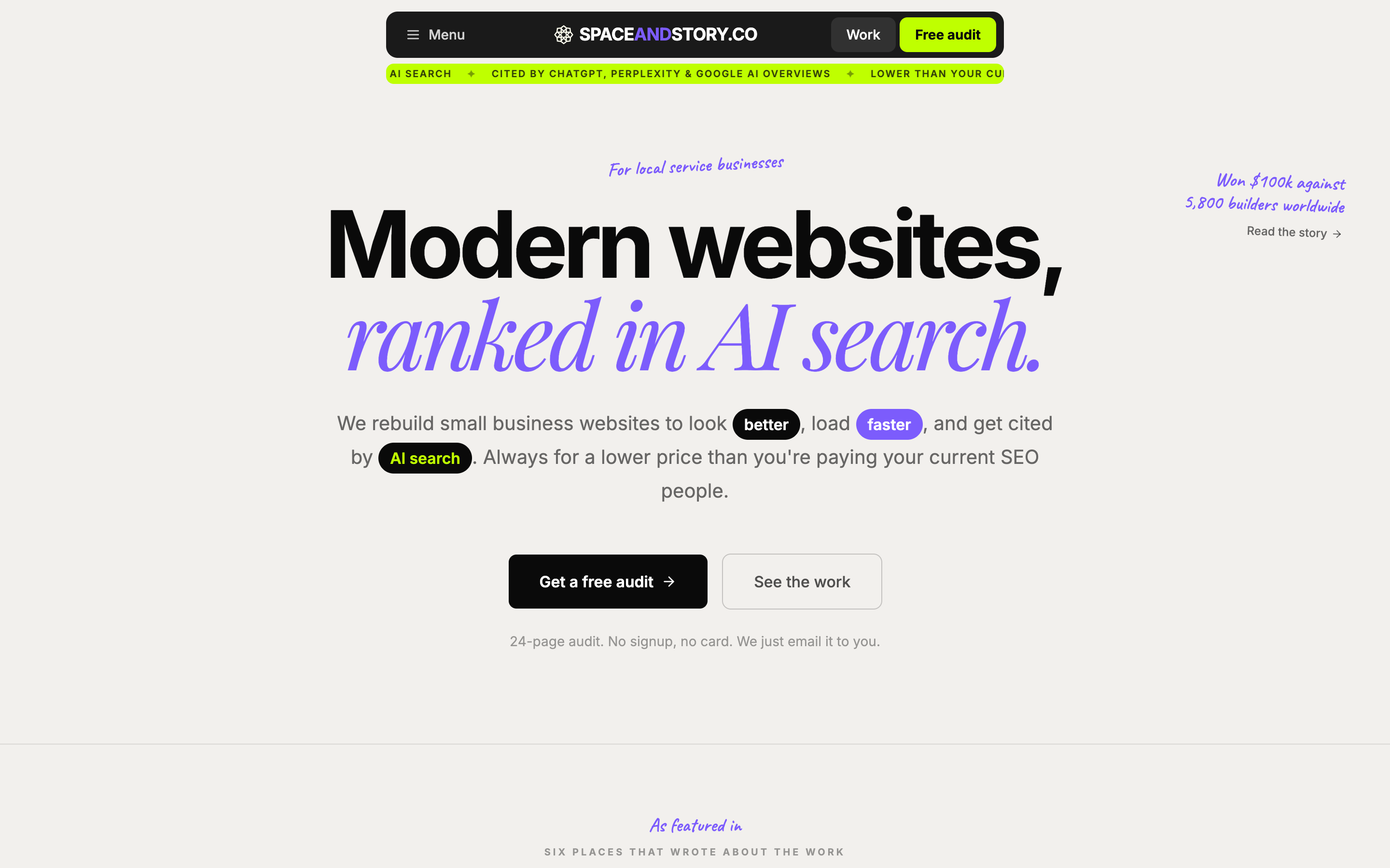 The new spaceandstory.co hero, warm cream background, plain bold sans-serif headline 'Modern websites, ranked in AI search.', tier prices visible, free audit CTA