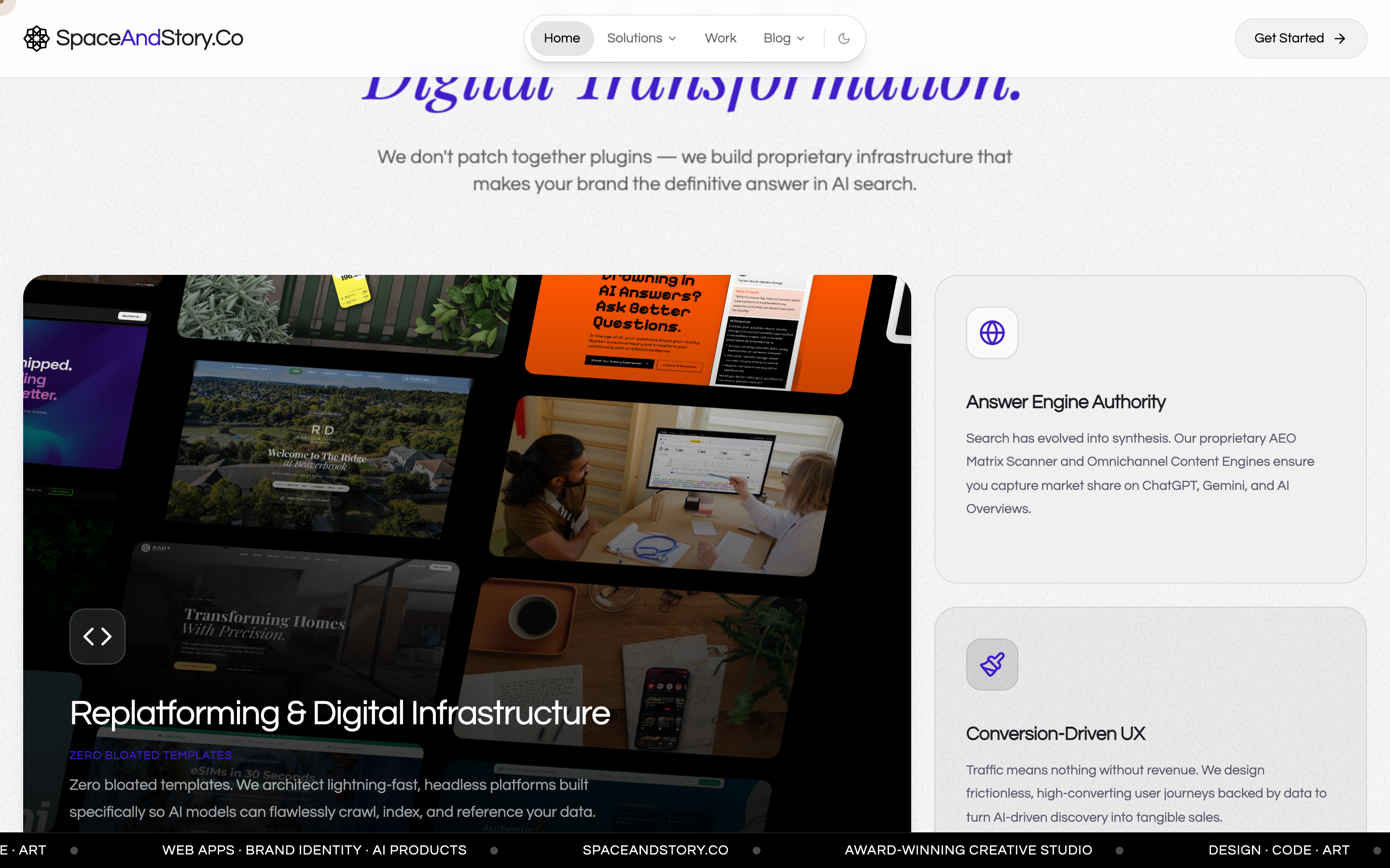 The 'Space & Story is a prize-winning digital studio focused on AI-ready infrastructure' section of the old site, set in giant black sans-serif on a warm cream background