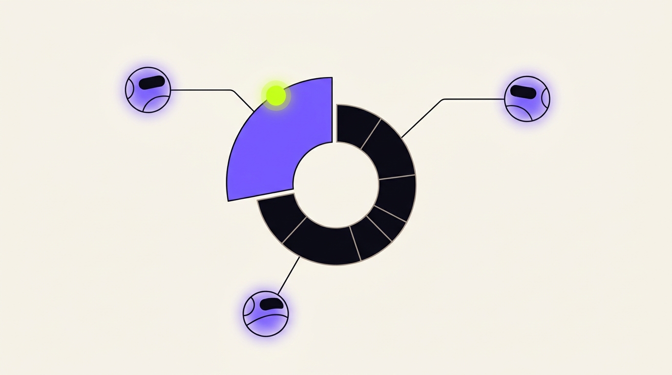 Conceptual donut chart where one prominent violet segment represents a brand's share of AI voice against smaller competitor segments, surrounded by three AI engine icons
