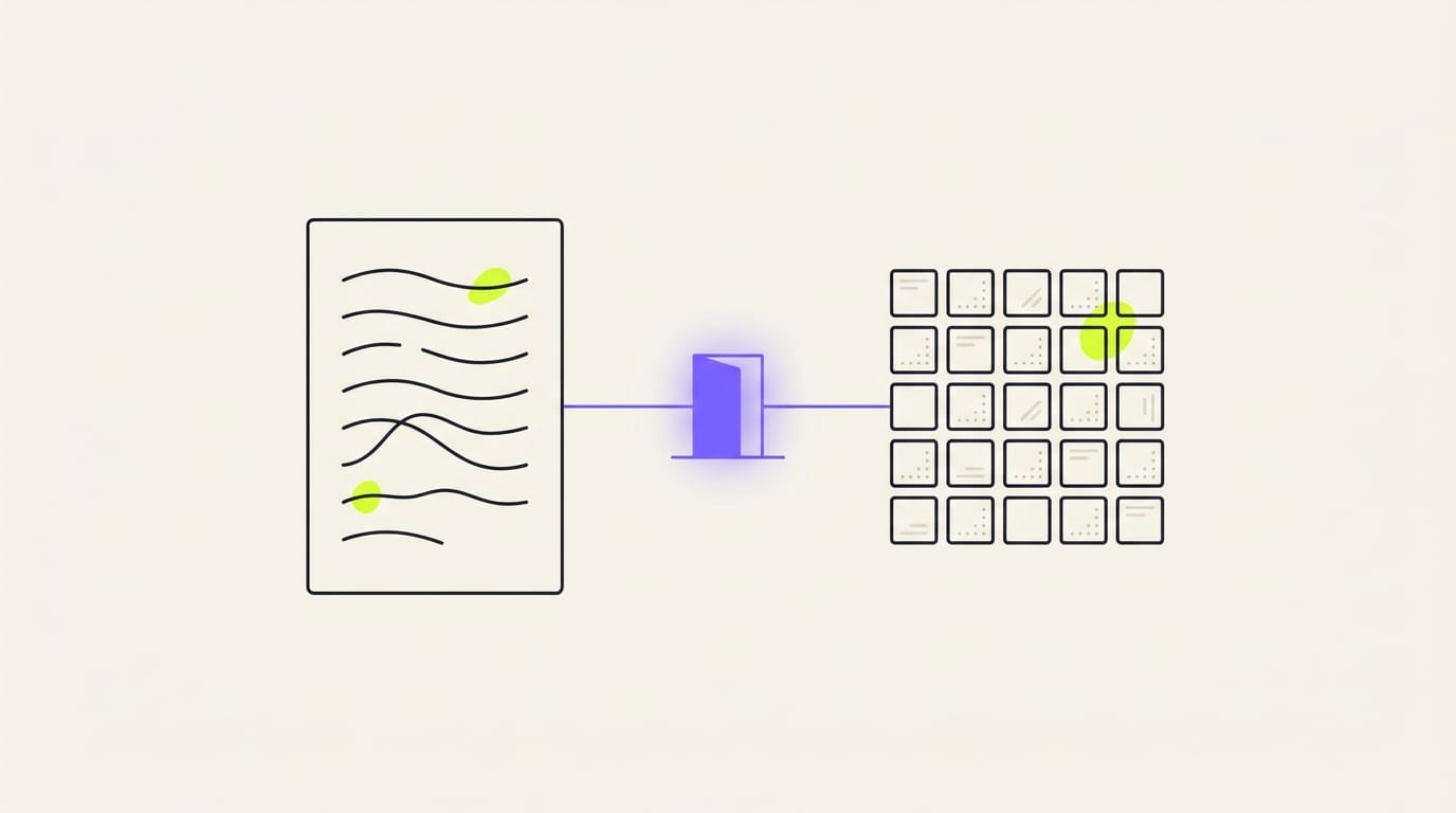 Illustration of human prose being translated through a gateway into structured data tiles