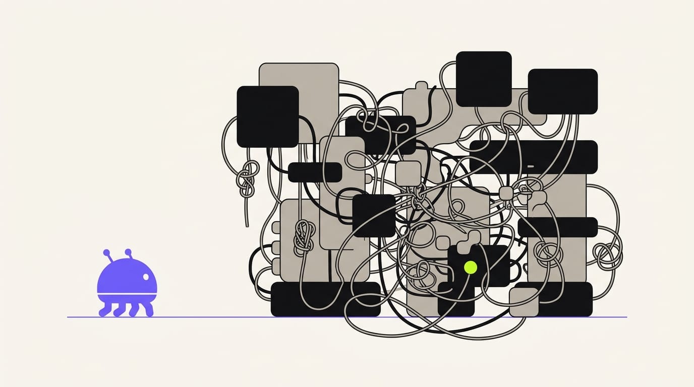 Illustration of an AI crawler blocked by a tangled wall of plugin bloat