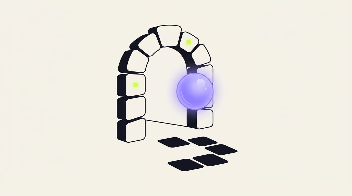 Illustration of apps forming a doorway that a glowing AI orb passes through