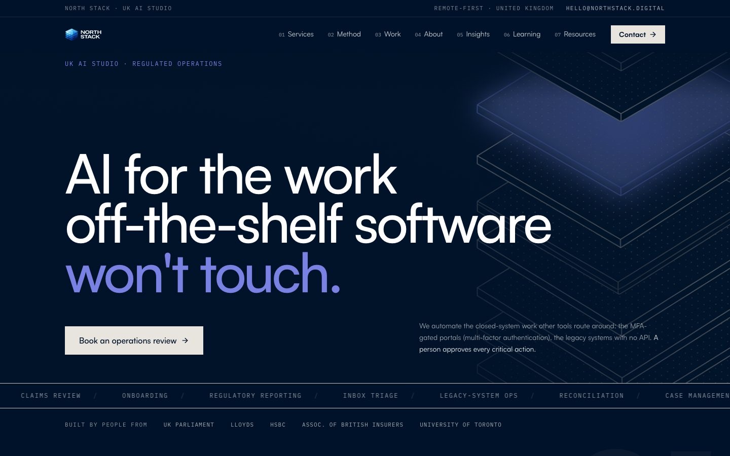 After — Homepage: a generic blue template became a positioned, edge-rendered studio site.