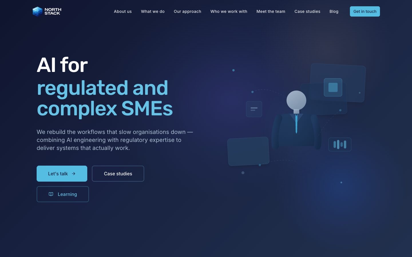 Before — Homepage: a generic blue template became a positioned, edge-rendered studio site.