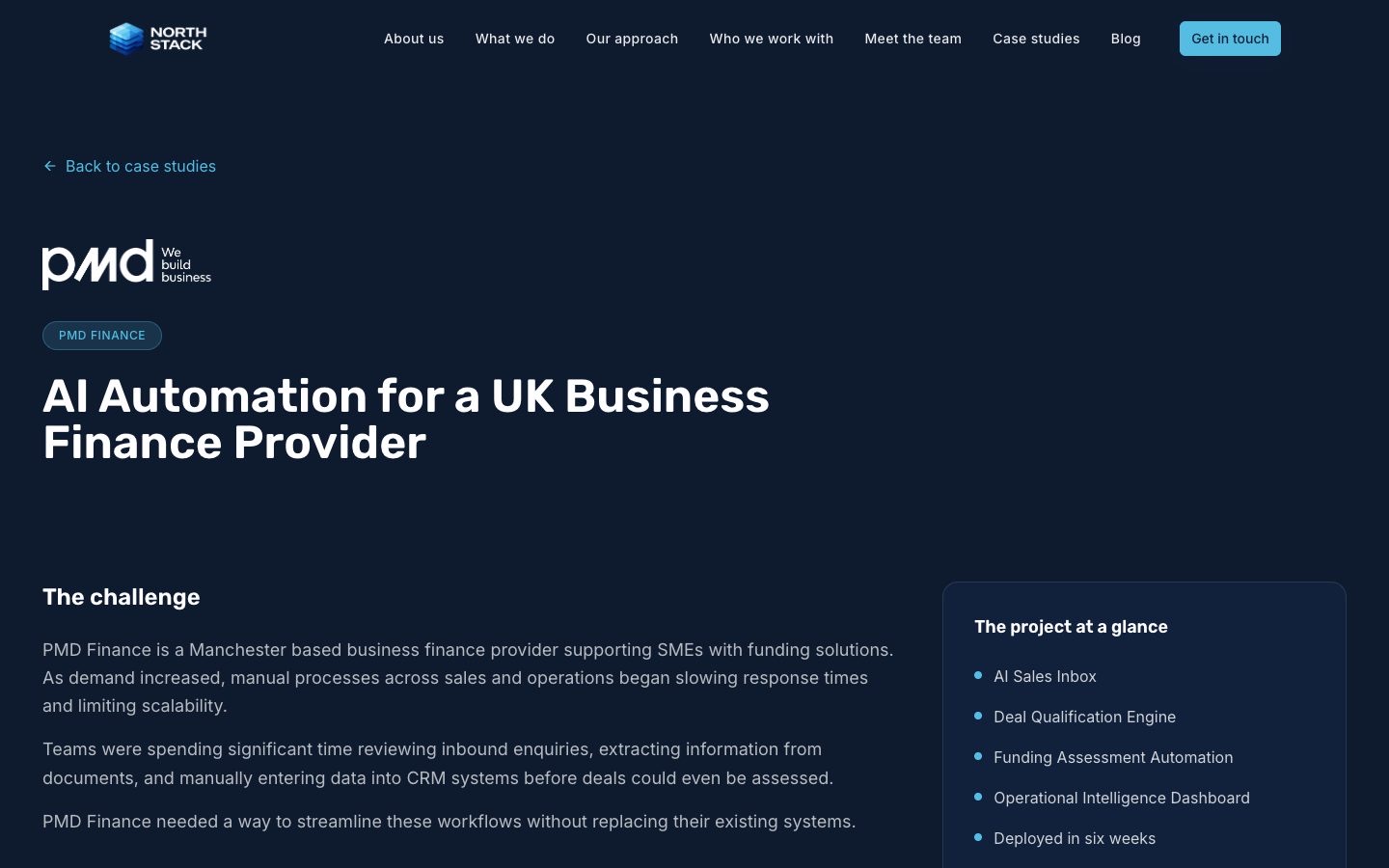 Before — The PMD Finance case study moved from a section buried in the homepage scroll to a page of its own under /work.