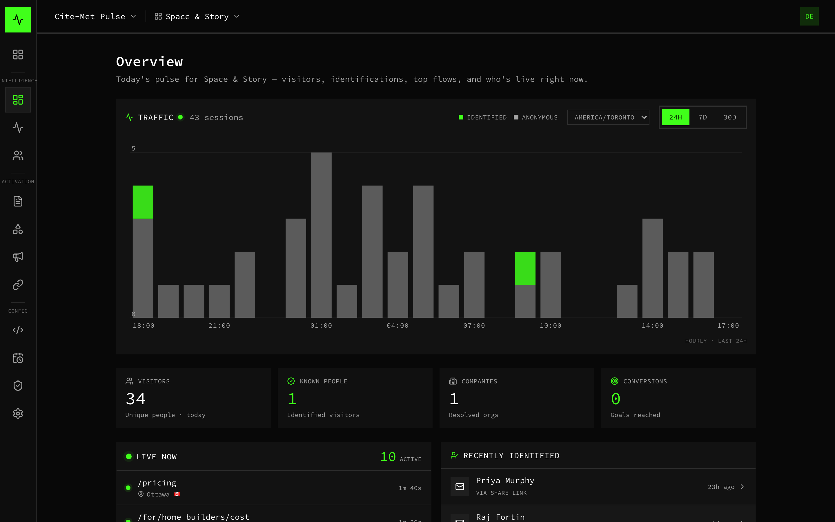 Cite-Met Pulse Overview — today's traffic trend, live visitors on the site right now, and a feed of recently identified people.