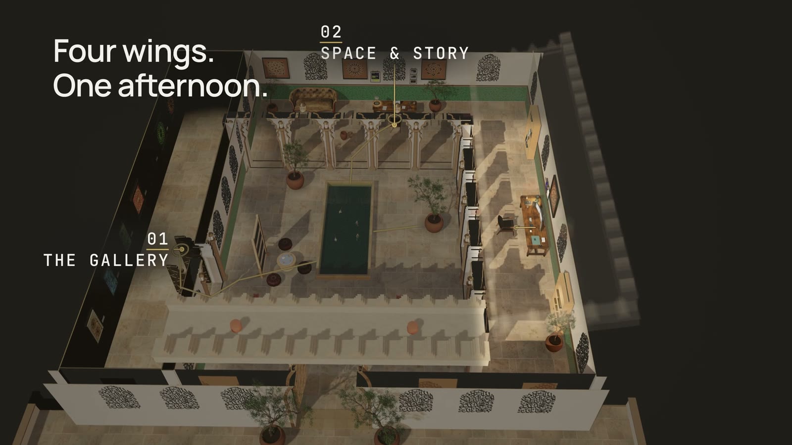 Cutaway of the digital Riad, showing its gallery and studios around a central courtyard